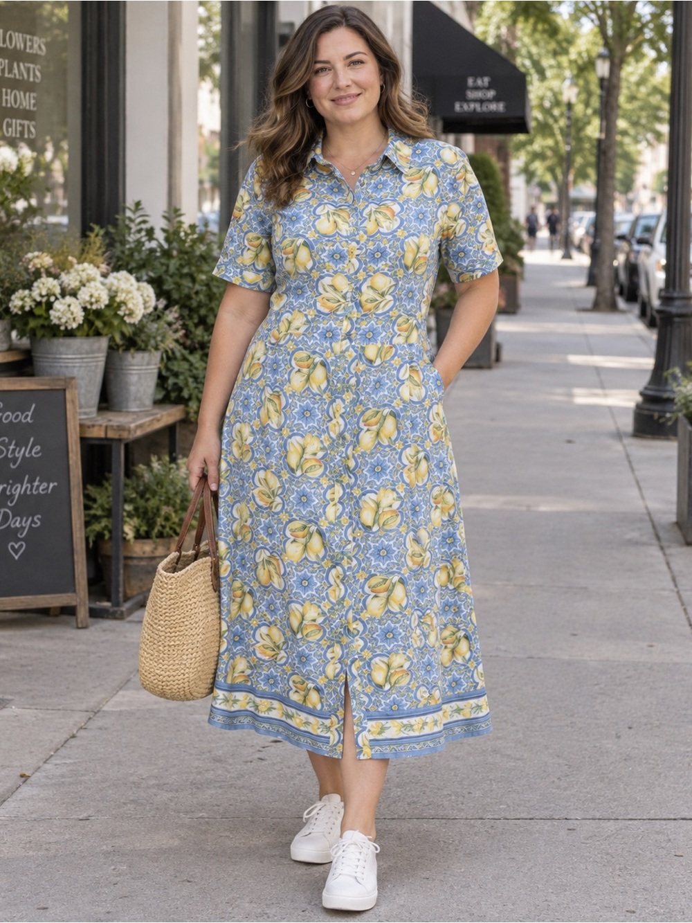 H&M Women's Blue/Lemons Short-Sleeved Shirt Dress xxl